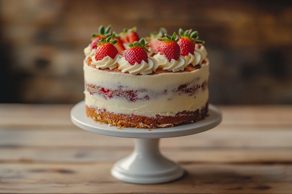 Homemade strawberry cake with fresh strawberries on top.