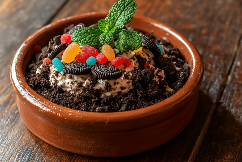 A delicious dirt cake recipe topped with Oreo crumbs, gummy worms, and mint leaves.