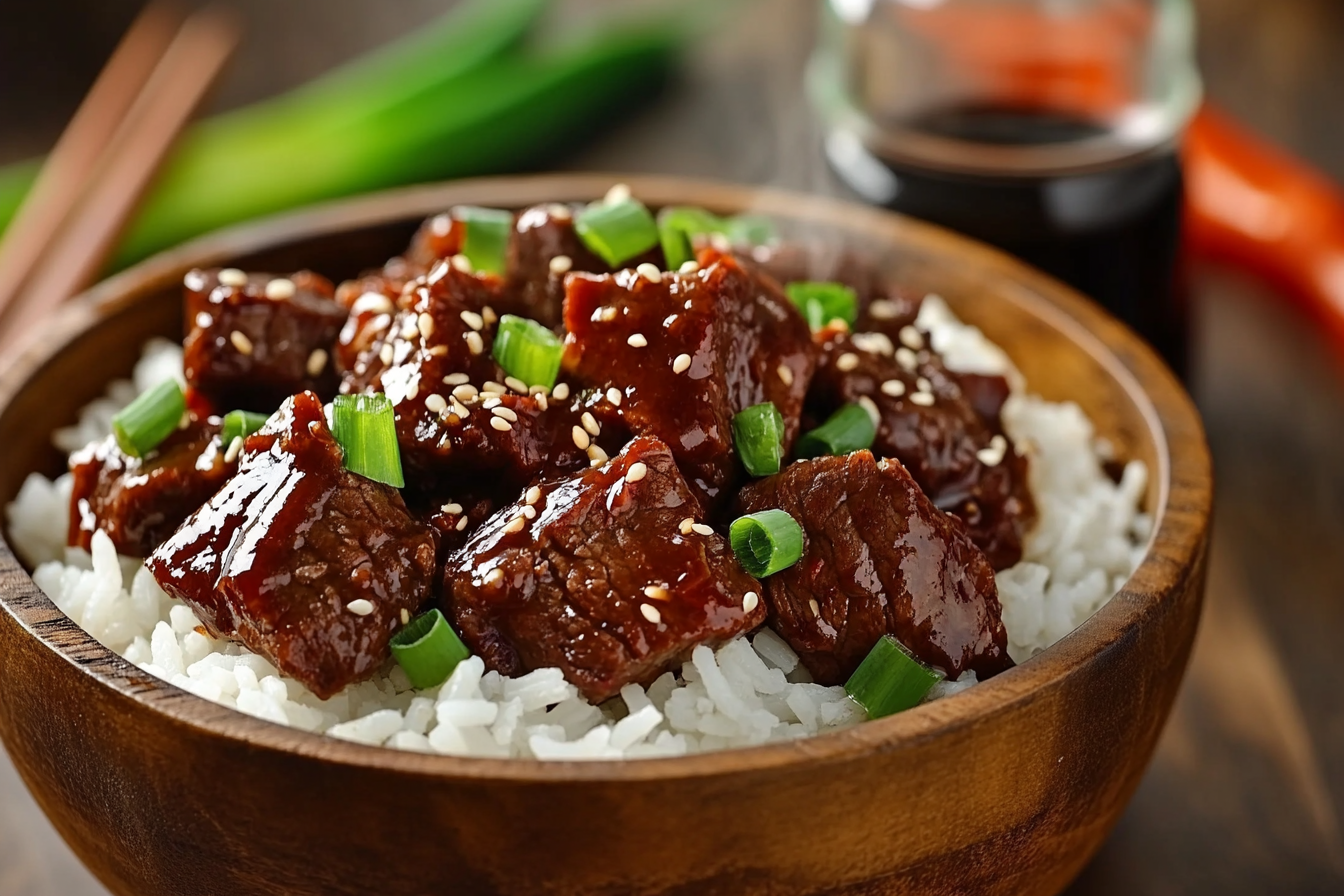 a plate of homemade pepper steak recipe with rice and fresh vegetables.