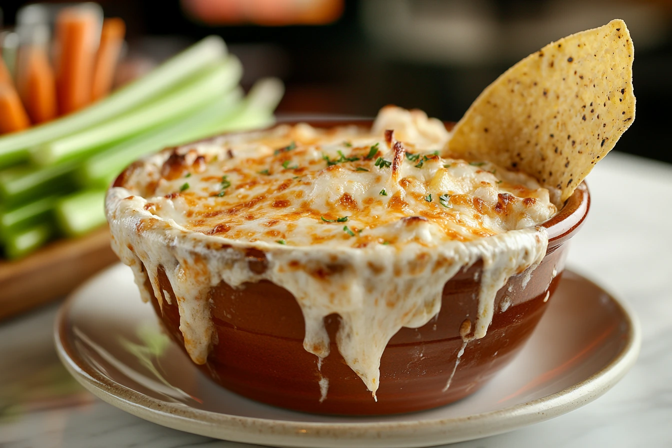 Buffalo chicken dip crock pot served with tortilla chips and veggies.