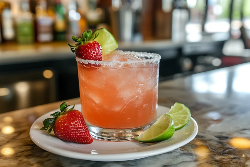 Classic strawberry margarita with a salted rim, lime, and strawberry.
