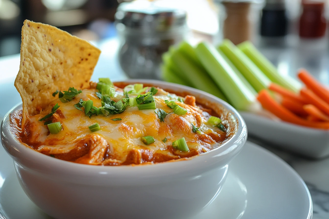 Instant Pot buffalo chicken dip served with tortilla chips and veggies.