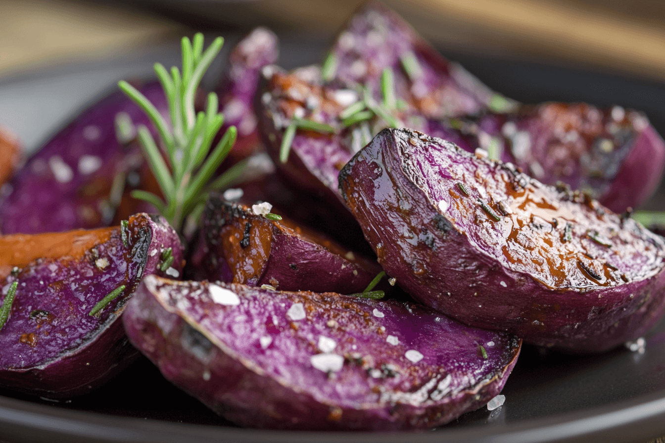 Roasted purple sweet potatoes garnished with rosemary