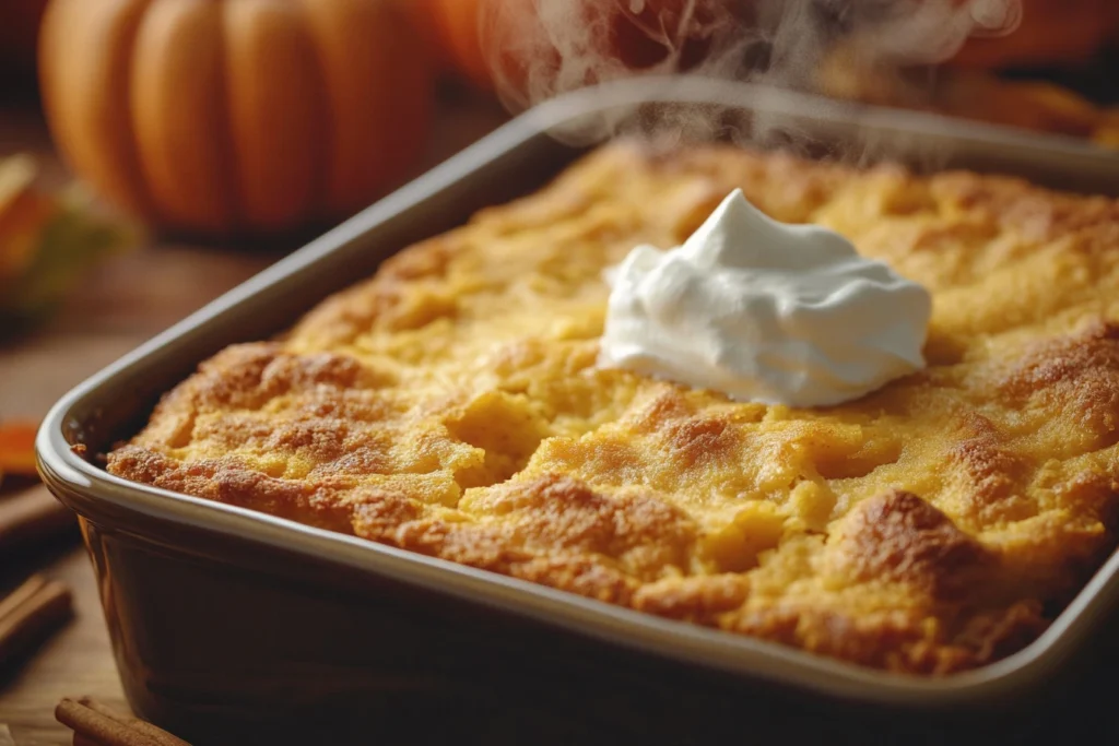 Freshly baked pumpkin dump cake with a golden, crumbly topping.