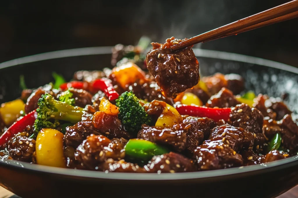 Beef stir fry with vegetables in a wok, coated in sauce.