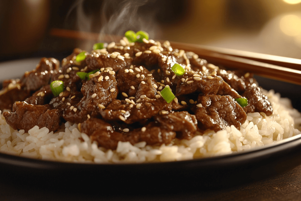 Delicious ground beef bulgogi served with rice and chopsticks