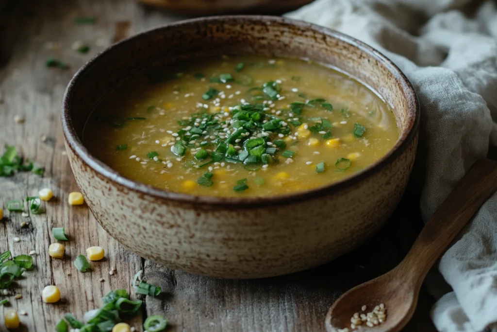 A bowl of homemade chicken corn soup with green onions.