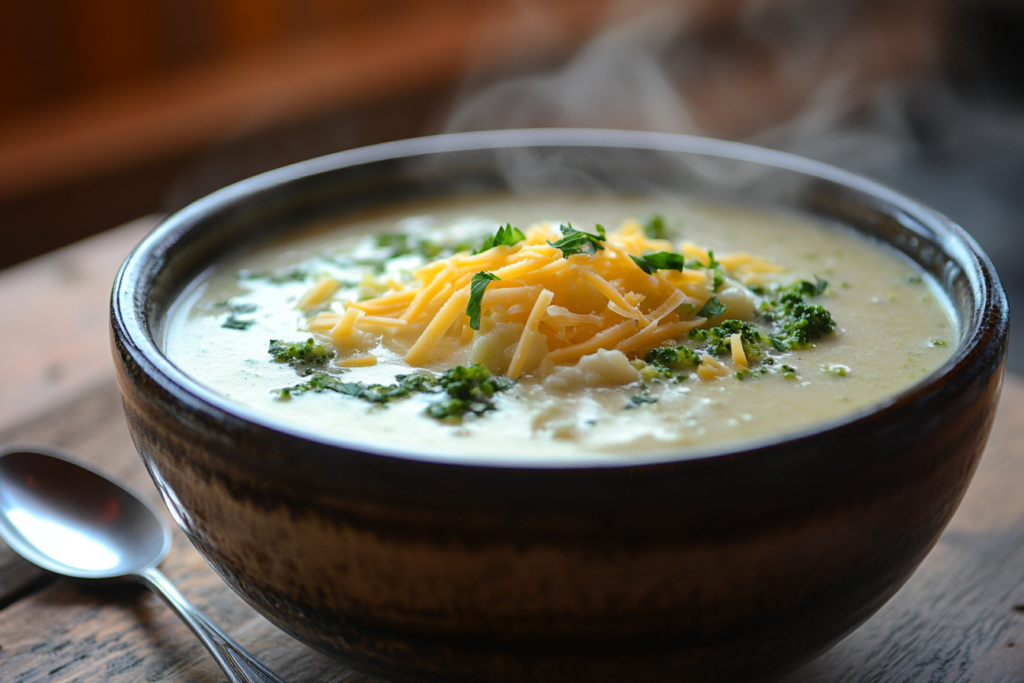 A bowl of creamy broccoli cauliflower soup with cheese and herbs.