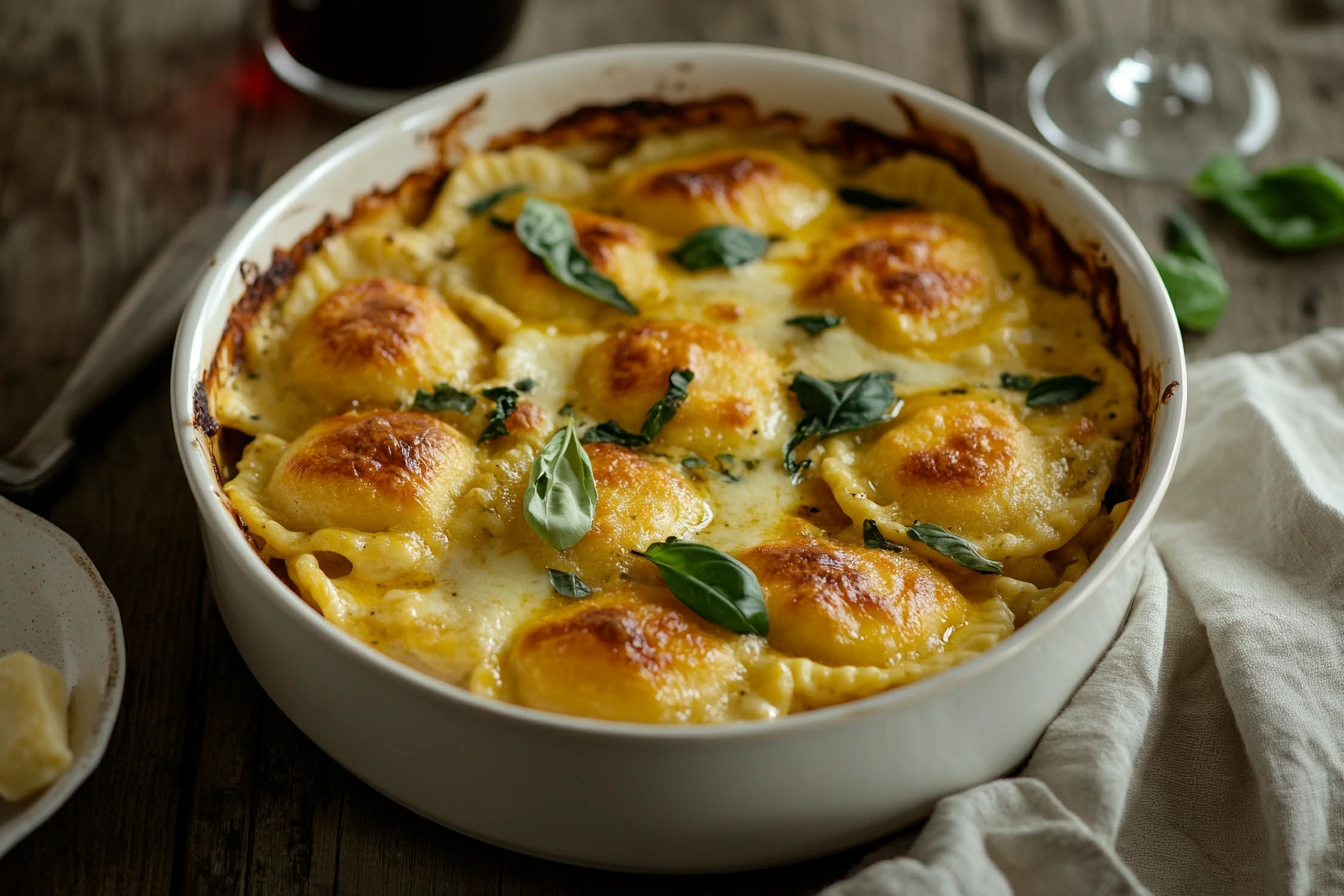 Baked ravioli in a white ceramic dish with melted cheese on top.