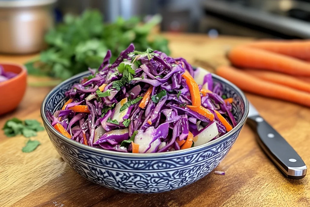 Freshly made red cabbage recipes salad with carrots and herbs in a bowl.