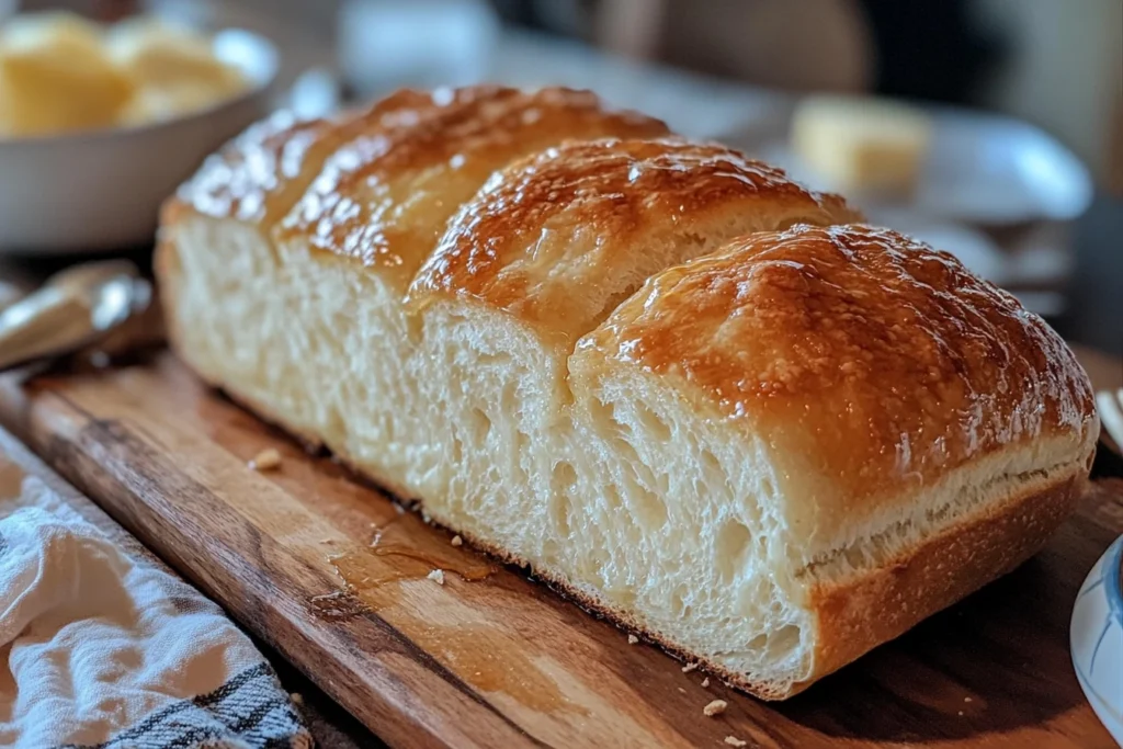 Freshly baked Amish bread loaf sliced on a wooden board.
