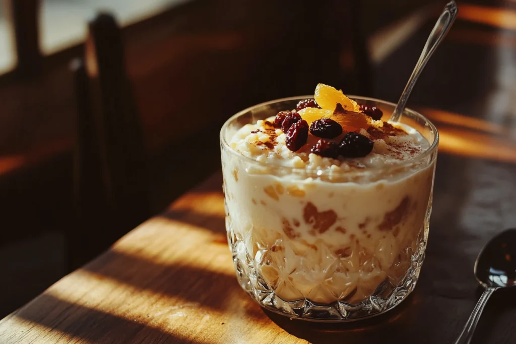 rice pudding recipe : creamy and garnished with cinnamon and raisins.