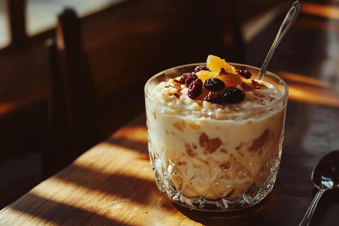 rice pudding recipe : creamy and garnished with cinnamon and raisins.