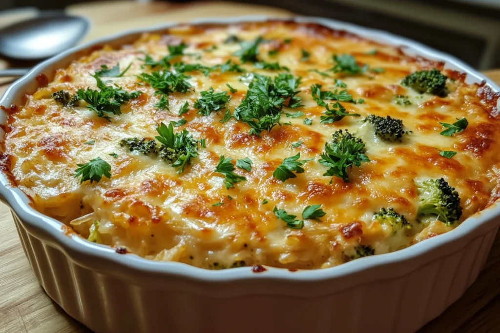 Cheesy chicken broccoli rice casserole fresh from the oven.