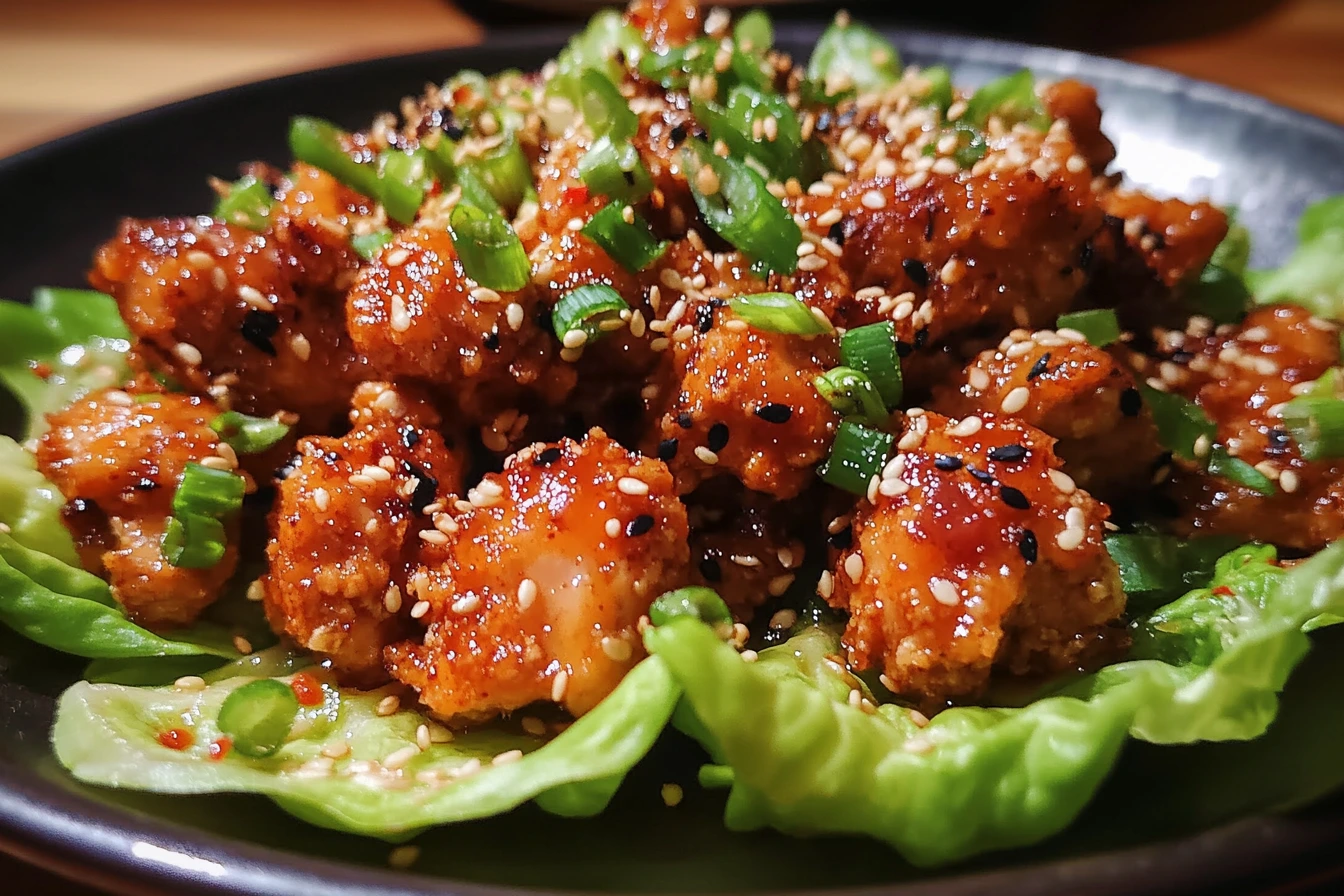 Ground Chicken Recipes: Juicy ground chicken lettuce wraps with sesame seeds and green onions.