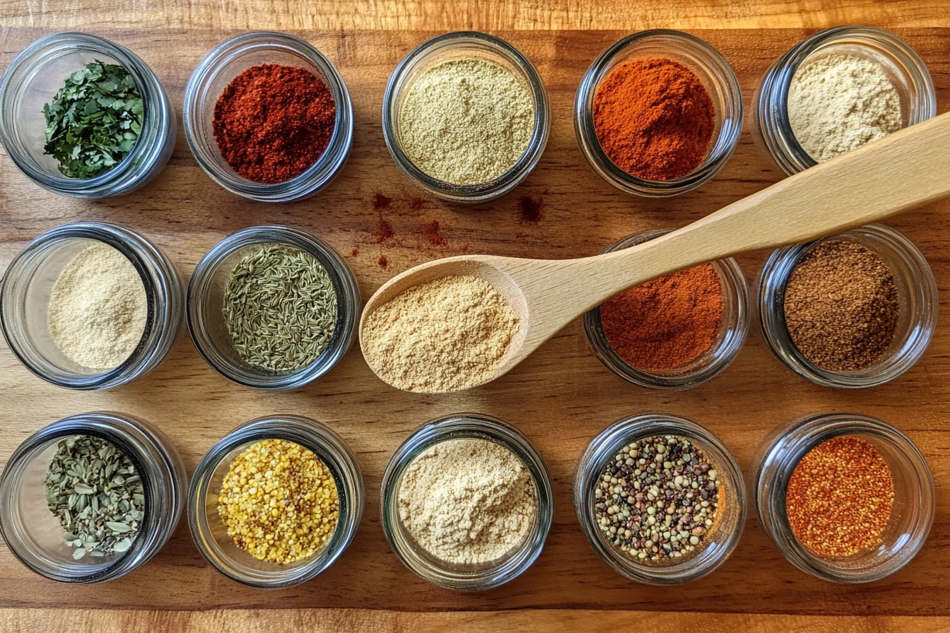 Homemade chicken taco seasoning in a glass jar with fresh spices.