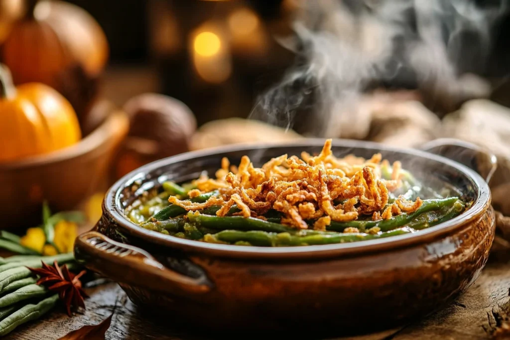 Hot Campbell Soup Green Bean casserole in a rustic dish with crispy onions.